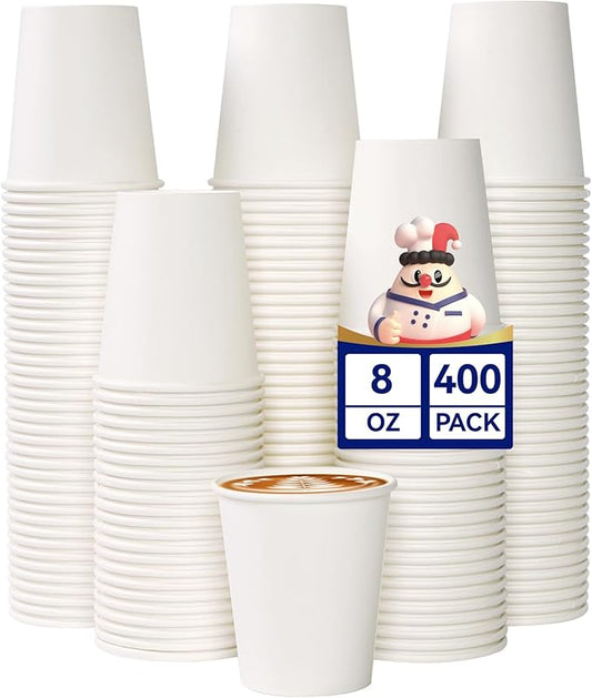 JOLLY CHEF 400 Pack 8 oz Paper Coffee Cups, White Beverages Drinking Cups for Coffee, Water Juice or Tea, Suitable for Party, Picnic, Travel, and Events
