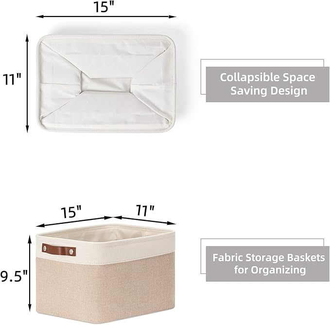 HNZIGE Fabric Storage Baskets for Shelves, Large Collapsible Storage Baskets for Organizing, Decorative Baskets Bins Set with Handles for Closet, Clothes,Home (3 Pack, White&Khaki,15" x 11" x 9.5")