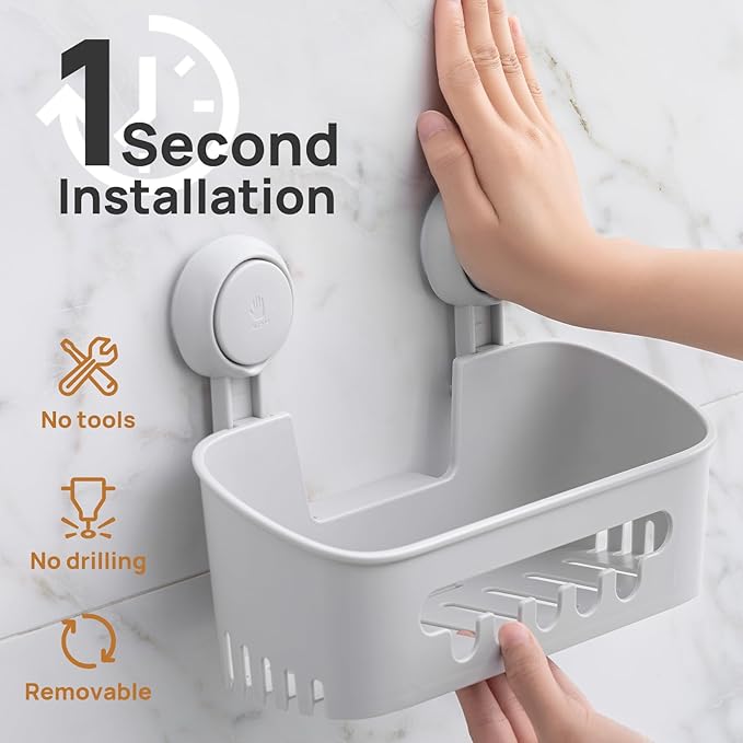 LEVERLOC Shower Caddy Suction Cup 2 Pack, Shower Organizer Removable Bathroom Shelf, Storage Suction Powerful Max Hold 22lbs Bathroom Caddy Waterproof Holder, Gray