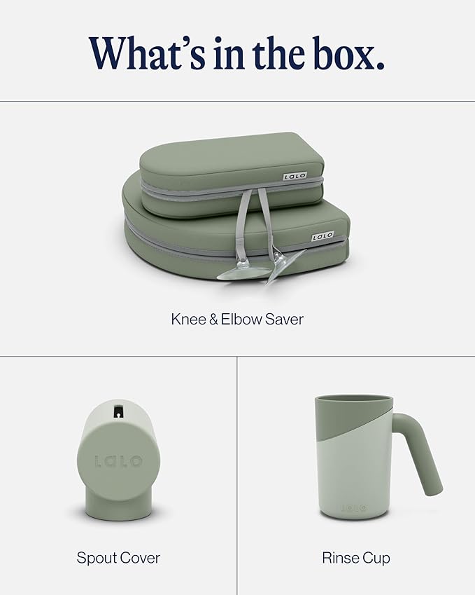 Lalo Bathtime Essentials - Includes Knee & Elbow Saver, Rinse Cup, & Spout Cover - Comfortable & Secure Baby Bath Essentials Made with Safe, Durable Materials and Easy to Clean - Sage