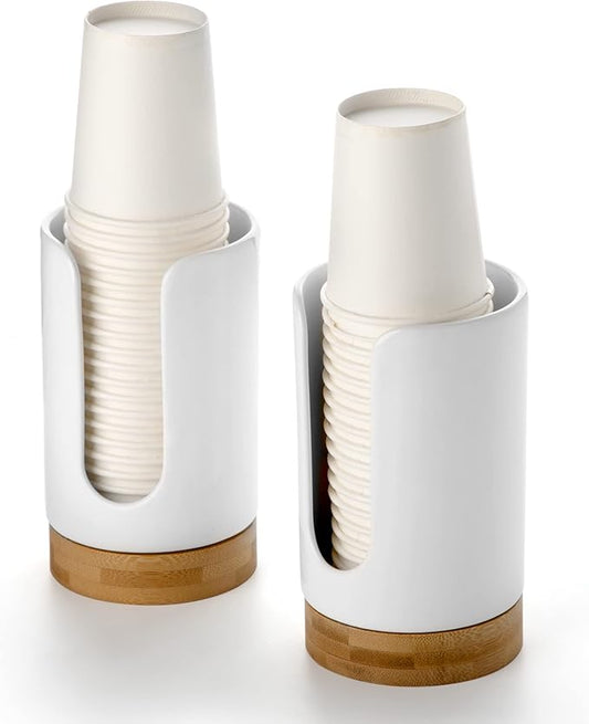 Ceramic Bathroom Cups Dispenser - 3-5 oz Disposable Paper & Plastic Bathroom Cups Holder - Mouthwash Cups Dispenser for Bathroom, Guest Toiletries, Countertop - BPA Free (White, 2 Pack)