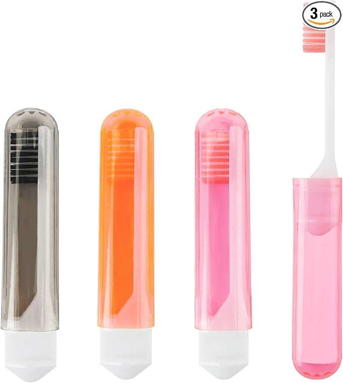 Travel Toothbrush 3Pcs Travel Toothbrush Set Mini Toothbrushes Soft Portable Toothbrushes Travels with Tooth Brush Cover Small Folding Toothbrush Individually Wrapped for Travels Black Orange Pink