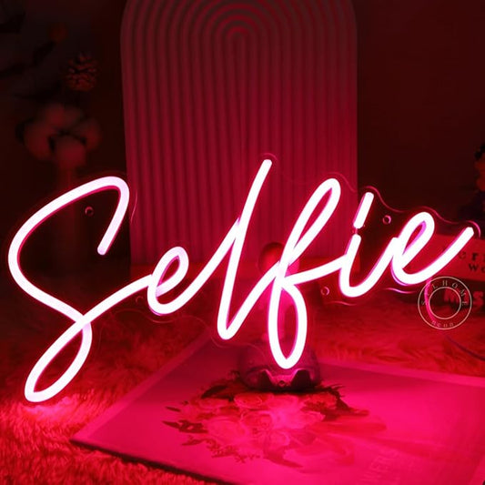 SYLHOME Selfie Pink LED Neon Light Sign Cute Makeup Girls Bedroom Light Up Mirror Wall Decor Sign Photo Studio Boys Kids Room Birthday Party Decor USB 15.2" X 7.1"