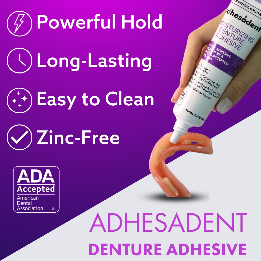 Dr. B Dental Solutions Adhesadent Moisturizing Denture Adhesive - Secure Denture Glue with Strong Grip & Natural Taste - Zinc-Free Dental Adhesive for Dentures - Travel Size 0.75 oz (4 Pack)