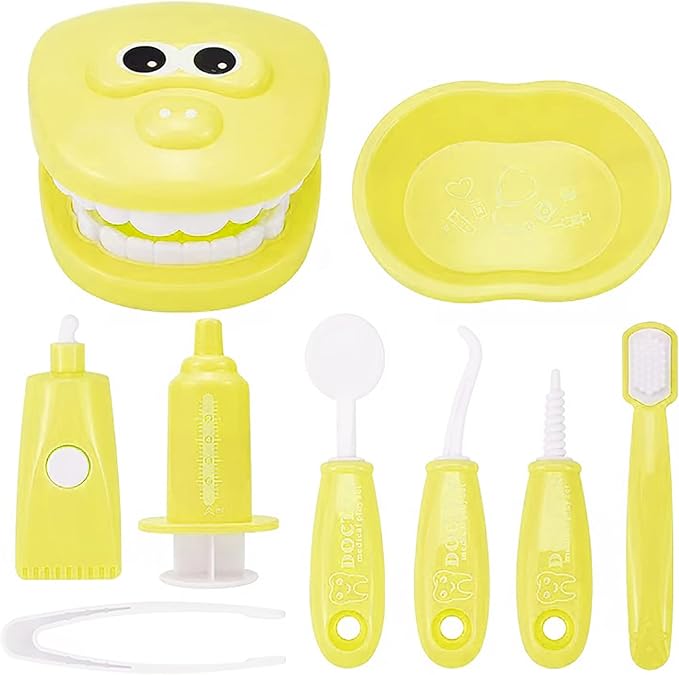 Dental Early Education Brushing Toys, 9Pcs/Set Children Role Play Toy Crocodile Cartoon Tooth Brushing Model Preschool Education Toy Dentist Game for Kids Classroom Yellow