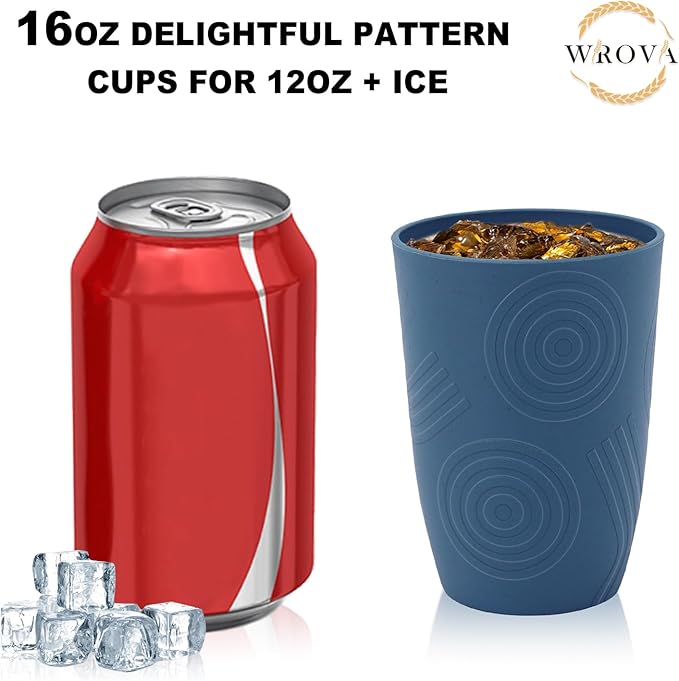 Wrova Wheat Straw Water Cups 16oz with Etched Pattern - Alternative Plastic Drinking Glasses Set of 6 - Reusable Tumbler Cups for Kids - Navy Blue