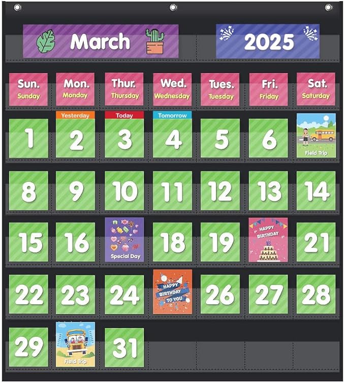 EAMAY Classroom Monthly Calendar Pocket Chart with 71 Cards for Kids Learning for Home,Homeschool Supplies and Classroom Must Haves!(Black)
