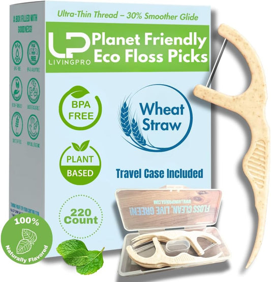 Plant Based Naturally Mint Infused Floss Picks(220pcs) with Travel Case | Biodegradable Straw Wheat Handle | Thin Single Thread Flosser, Shred-Resistant- Easy Glide for Plaque Removal & Gentle on Gum