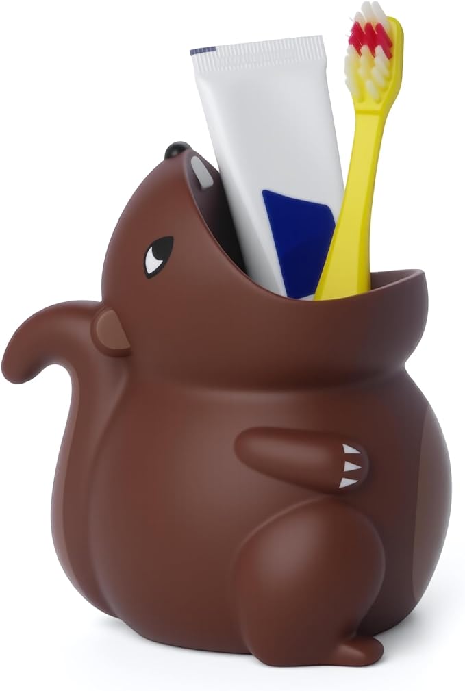 Kids Toothbrush Holder Toothbrush Organizer – Durable Silicone Animal Tooth Brush Holder – Easy to Clean Toothbrush and Toothpaste Holder – Toothbrush Holders for Bathrooms by Lily’s Home - Squirrel