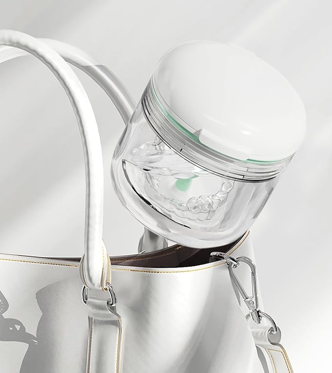 MURRI&MURRDI Retainer Case, Denture Bath Box with Strainer Basket, Mouth Guard Case, Braces Cleaner Cup Cute Denture Holder Retainer Storage Soak Container for Travel (White)