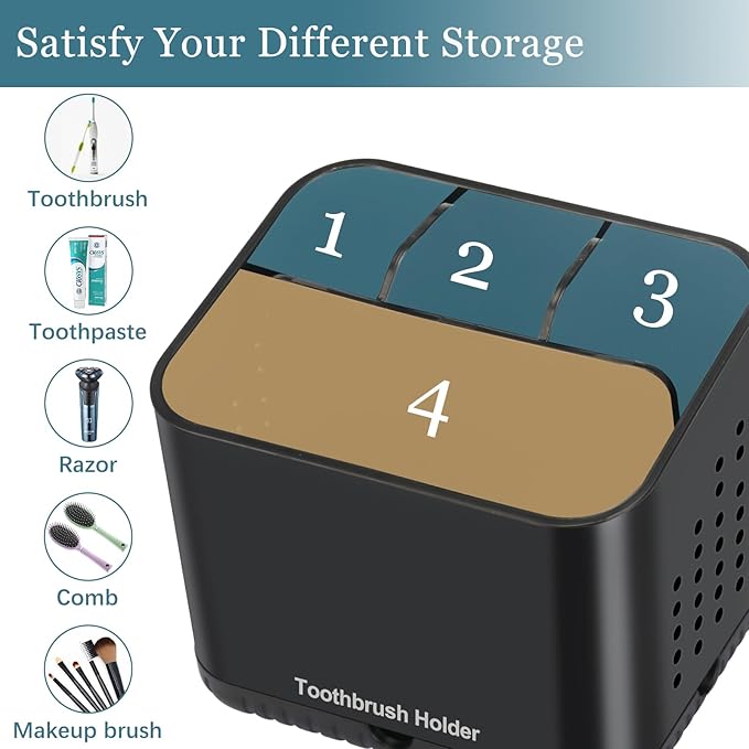 Black Toothbrush Holders for Bathrooms, Kids Electric Toothbrush and Toothpaste Holder, 4 Slots Tooth Brush Holder for Bathroom Countertop Organizer (Black)