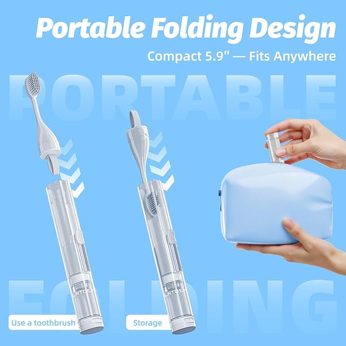 Travel Toothbrush with Built-in Toothpaste Container, Foldable Toothbrush with 2 Soft Brush Head, Portable Reusable Toothbrushes for Business Trips, Camping, Travel Size（White）