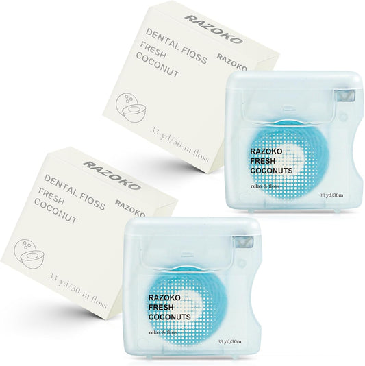 RAZOKO Coconut Oil Infused Woven Dental Floss, Vegan and Cruelty-Free, Coconut Scent, 4 Month Supply (33 Yds x 2 Units)