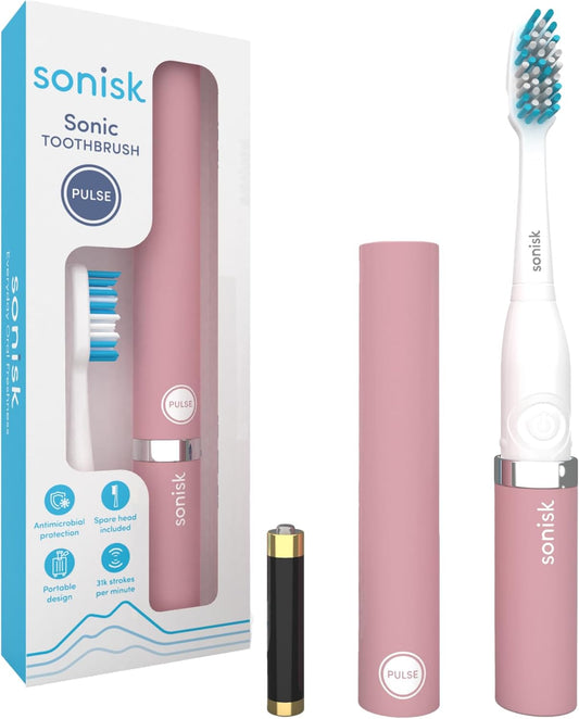 Sonisk Pulse | Battery Powered Electric Toothbrush | Sonic Technology | 1x Battery, 2X Brush Heads, 1x Travel Case Included | 31,000 Strokes Per Minute | Portable Size | Dusty Pink