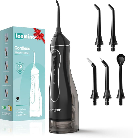 Leominor Water Flosser Pick for Teeth, 300ML Portable Oral Irrigator Upgraded Tank Removable,IPX7 Waterproof, Rechargeable Travel Teeth Cleaner, Professional Electric Flossing Machine (Black)