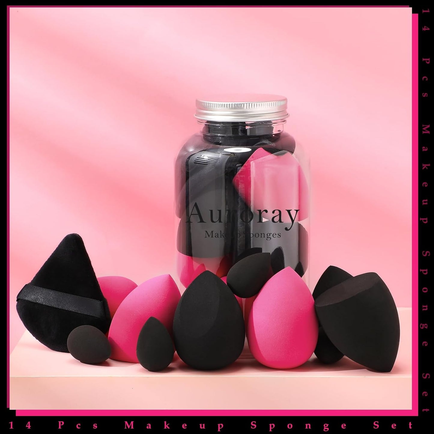 14 Pcs Makeup Sponges,Beauty Sponges Blender with 4 Pcs Powder Puff and 4 Pcs Mini Make up Sponges Valentine's Day Gift,Mother's Day Gift for Women Liquid,Foundation,Powder,Concealer(Black,Hot pink)