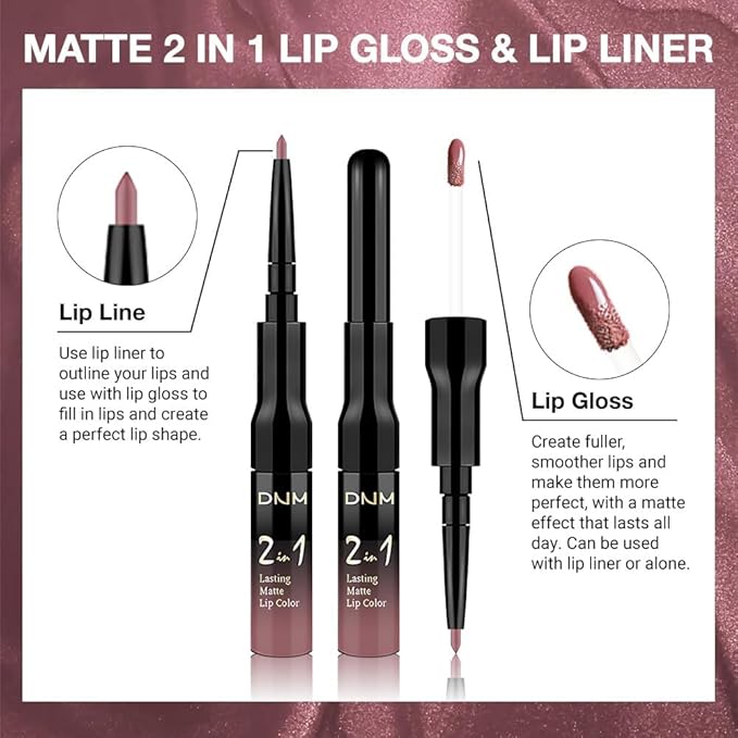 1Pcs 2 in 1 Neutral Mauve Matte Lip Liner and Liquid Lipstick Stain Makeup Set for women, Mauve Long Lasting Smudge Proof Lip Tint Matte Finish Lip Gloss for All-Day Color Hold Easy to Use 34#