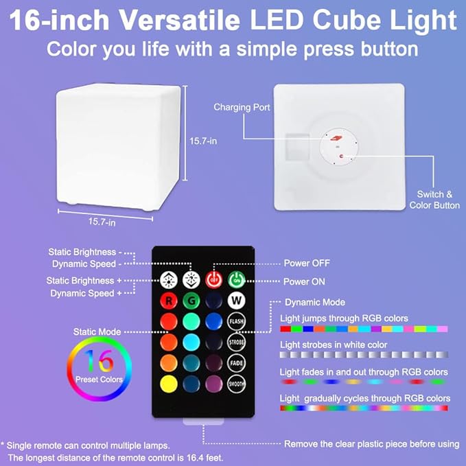 16'' Cordless LED Cube Chair Light, LED Cube Seat for Adult Kid, RGB Color Changing Waterproof Glowing Chair w/Remote, Rechargeable Night Light Mood Lamp Decorative Lights for Home Patio Garden Party