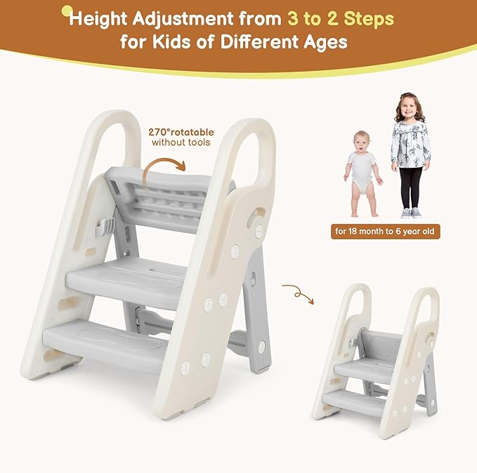 Onasti Foldable Step Stool for Bathroom Sink, Adjustable 3 Step Stool for Kids Toilet Potty Training Stool with Handles, Child Kitchen Counter Stool Helper, Plastic Ladder for Toddlers Grey