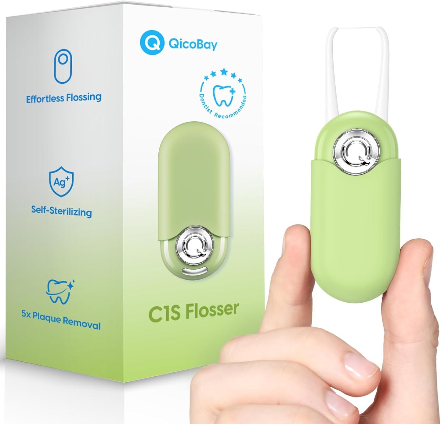 C1S Reusable Flosser Set, Auto-Restringing Flosser with Replaceable Floss Capsule, Multi-Hygiene, Portable Travel Floss, Recyclable Zero Waste, Unflavored (Reef Green)