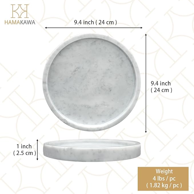 Bathroom Vanity Tray, Large Natural Marble Round Sink Tray 9.5 Inch, Carrara White Limestone Dresser Tray, Modern Countertop Organizer for Soap Dispenser, Kitchen Counter, Home Decor