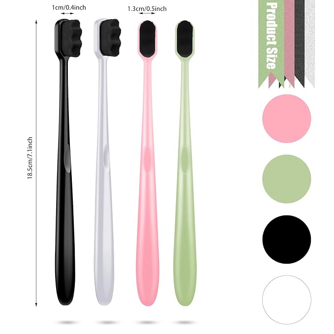 Patelai 8 Pcs Extra Soft Toothbrush Micro Nano with 20, 000 Ultra Soft Bamboo Charcoal Bristles for Adult, Sensitive Gum, Brace and Gum Recession(Black, White, Pink, Green Handle with Black Bristle)