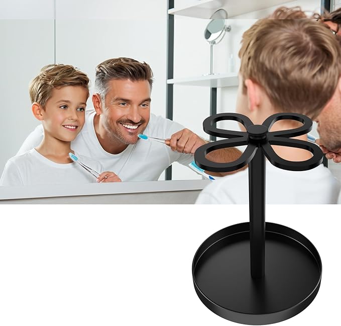 Metal Toothbrush Holders for Bathroom with 4 Slot Black Tooth Brush Holder Stand and Non-Slip Base， Countertop Organizer for Family and Hotel，Compact Design