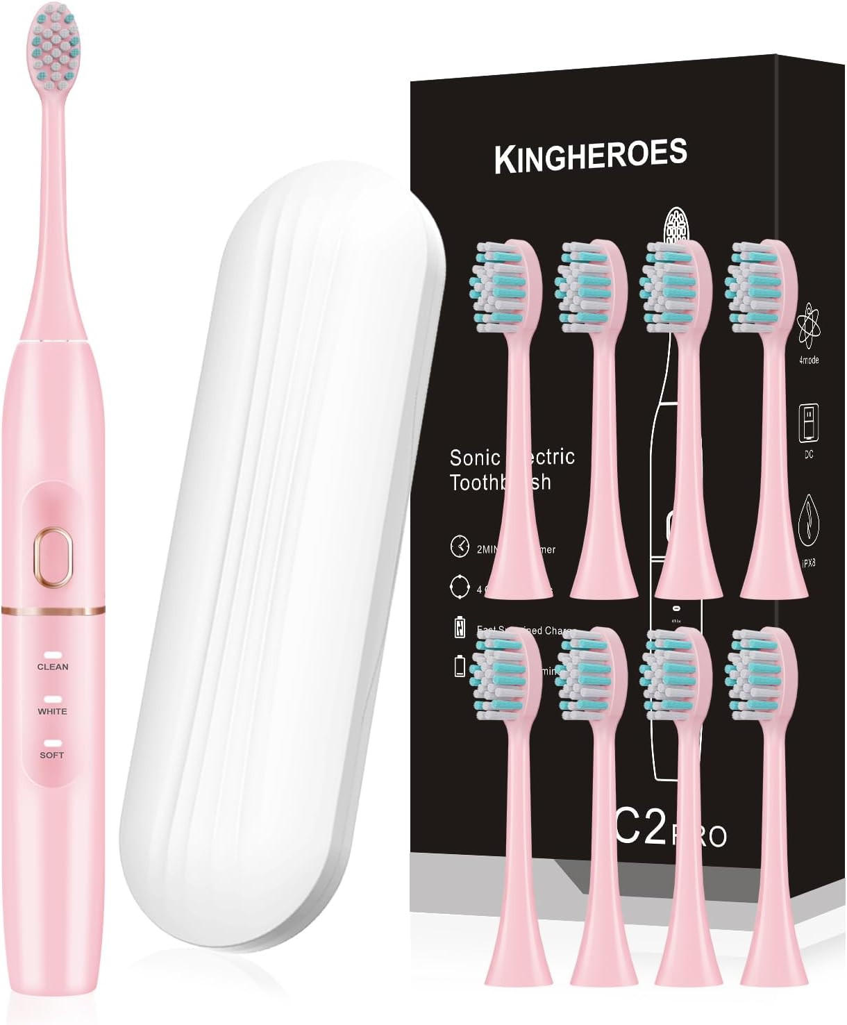 Electric Toothbrush Set, Comes with 8 Brush Heads & Travel Case,4 Modes with 2 Minutes Built in Smart Timer, One Charge for 60 Days, 42000 VPM Motor (Pink)