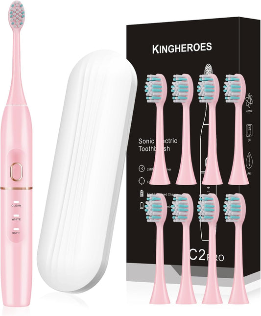 Electric Toothbrush Set, Comes with 8 Brush Heads & Travel Case,4 Modes with 2 Minutes Built in Smart Timer, One Charge for 60 Days, 42000 VPM Motor (Pink)