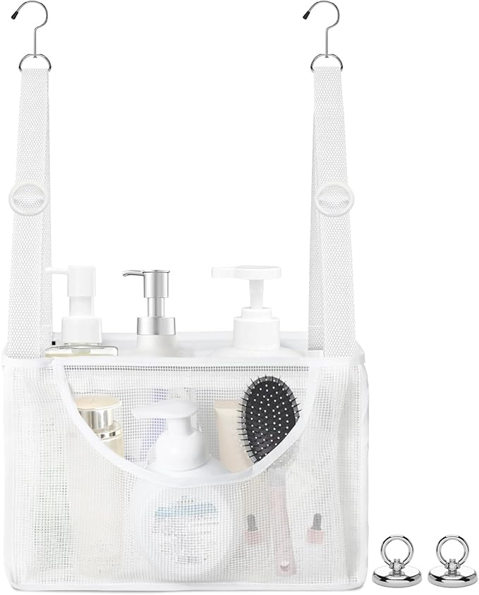 PVC Mesh Hanging Shower Caddy Organizer with 2pc Magnetic Hooks, Portable Adjustable Travel Bathroom Bag with Pockets for RV, Camping, Cruise, Dorm, Gym, White, 12“x5 x7（LxWxH）