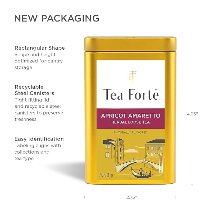 Tea Forte Apricot Amaretto Premium Loose Leaf Caffeine-Free Herbal Tea Blend Canister, Makes 35-50 Cups