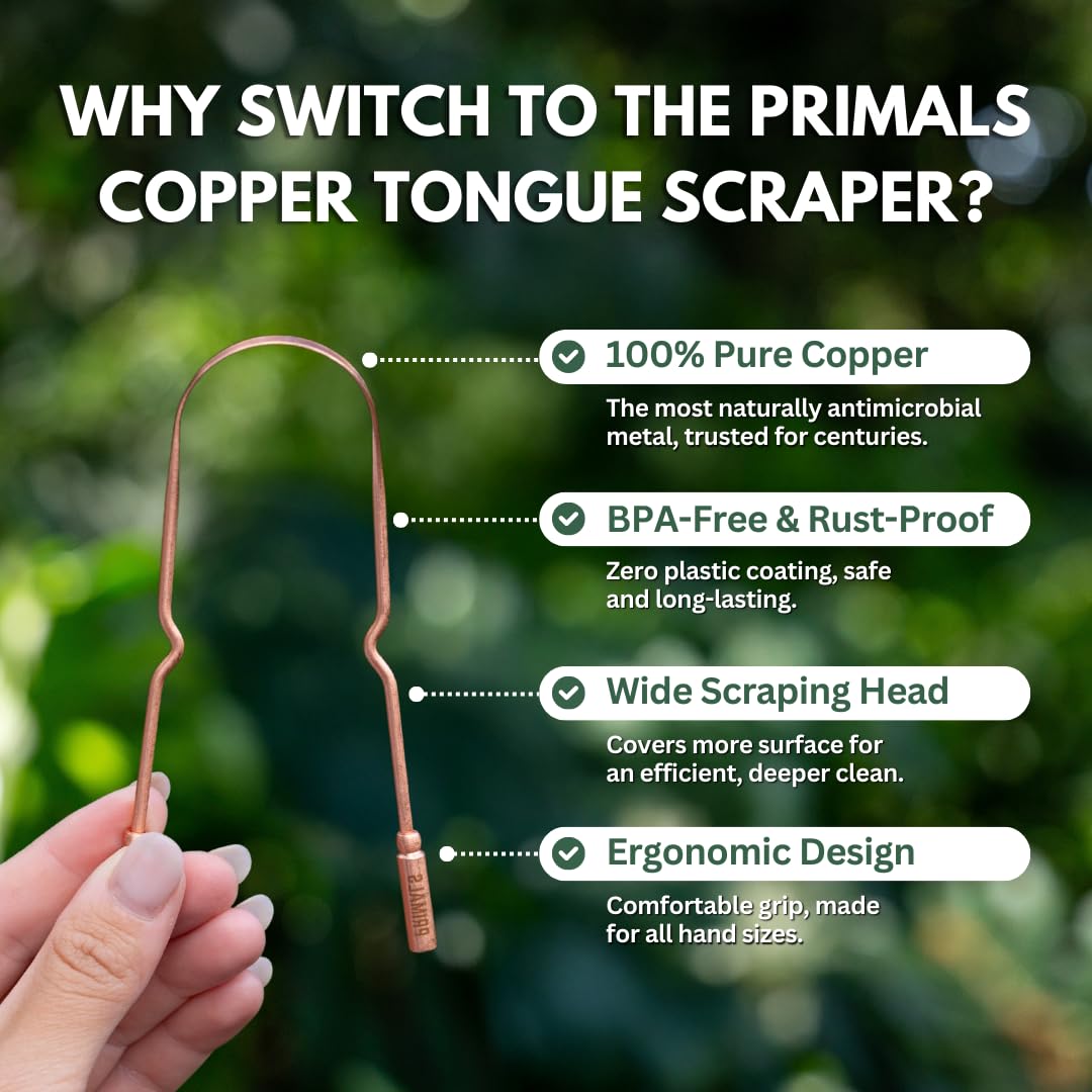 PRIMALS Copper Tongue Scraper - Fresher Breath & Improved Oral Health - Natural Ayurvedic Cleaner for Daily Detox - Rust-Resistant, Eco-Friendly with Travel Cloth Pouch Included (1 Count)