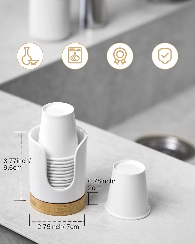 Ceramic Bathroom Cups Dispenser - 3 oz Disposable Paper & Plastic Bathroom Cups Holder - Mouthwash Cups Dispenser for Bathroom, Guest Toiletries, Countertop, Coffee - BPA Free (2 Pack)