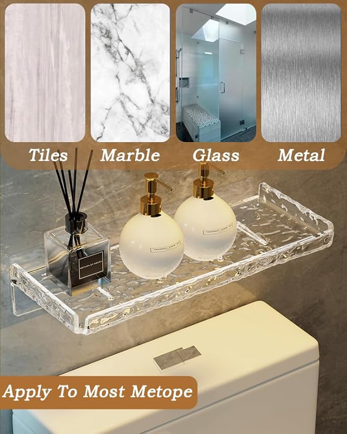 2 Piece Shower Organizer, Wall Floating Shelf, Clear Wall Mounted Organizer for Bathroom Storage and moreAcrylic No Drill Wall Mount Adhesive Shelf