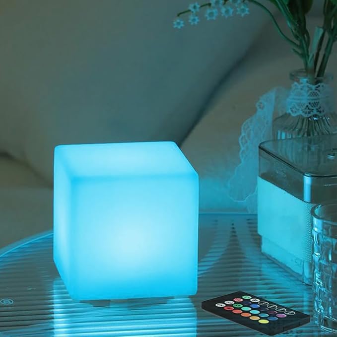 4-In LED Cube Night Light, Cordless LED Light Cubes for Kids, RGB Color Changing Tesseract Cosmic Cube Mood Lamp w/Remote, Rechargeable Square Bedside Lamp Nursery Light for Bedroom Garden Party Decor
