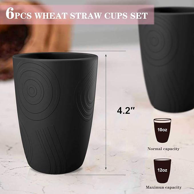 Homienly Wheat Straw Cups Set of 6, 12 OZ Alternative Plastic Cups Reusable, Stackable Drinking Cups, Water Cups, Coffee Cups, Unbreakable Glasses Drinking for Camping, Travel, Party - Black