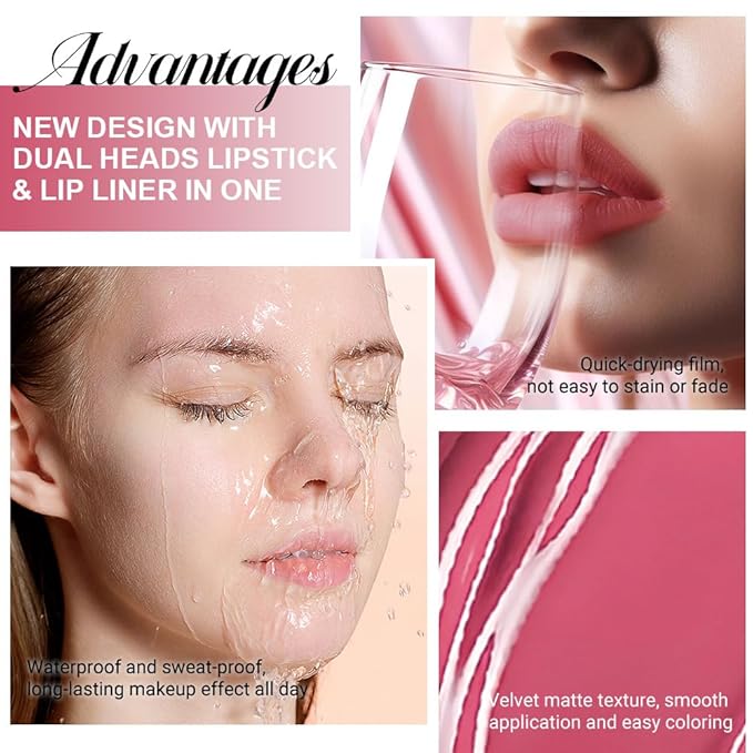 1Pcs 2 in 1 Hot Mauve Matte Lip Liner and Liquid Lipstick Stain Makeup Set for women, Hot Mauve Long Lasting Smudge Proof Lip Tint Matte Finish Lip Gloss for All-Day Color Hold Easy to Use 63#