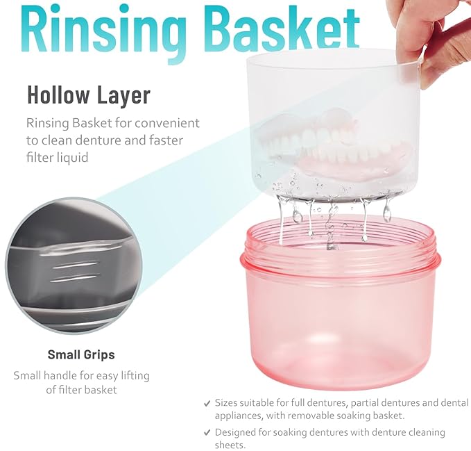 Leak Proof Denture Cups Bath, Dishwasher safe, Denture Case for Soaking Full & Partial Dentures, Retainers, with Hard Denture Cleaner Brush & Denture Brush Cover (Transparent Rouge)
