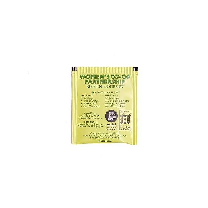 JusTea LEMON GINGER | Herbal Tea Bags, Caffeine-Free, Organic Ginger and Lemongrass Tea | Fair-Trade | Plastic-Free Tea Bags | Vegan, Sugar-Free, Gluten-Free | 16 Tea Bags