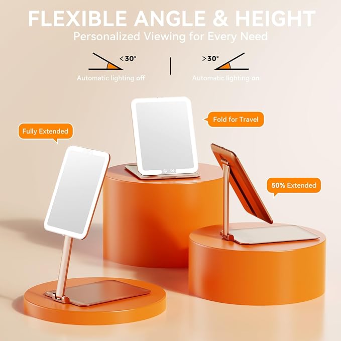 Auxmir Travel Makeup Mirror with Light, Portable Folding Lighted Travel Makeup Mirrot with 72 LEDs, Rechargeable Compact Vanity Mirror with 3 Dimmable Color Lights, Adjustable Stand, Rose Gold