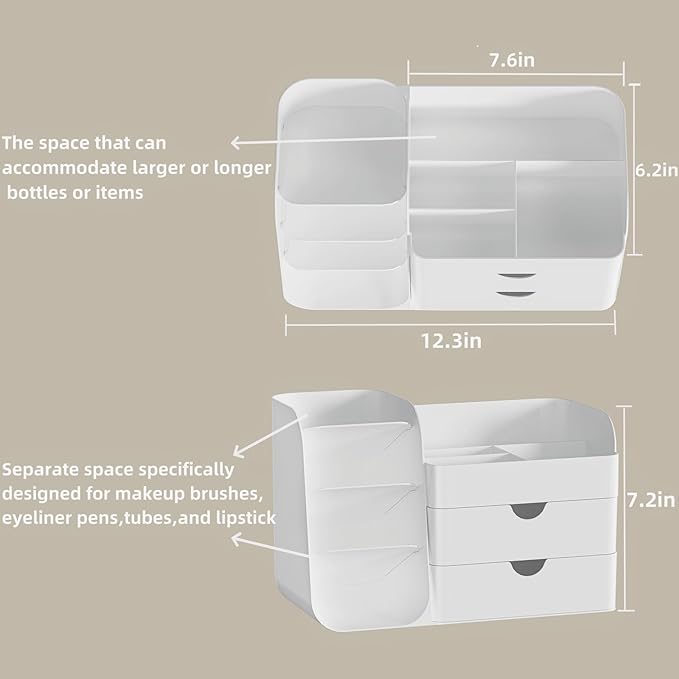 Makeup Organizer with Brush Holder for Vanity,Countertop Makeup Organizer with Drawers,Spacious Cosmetic Display Case,Perfect Storage Solution for Your Beauty Essential (All Cream, Large)