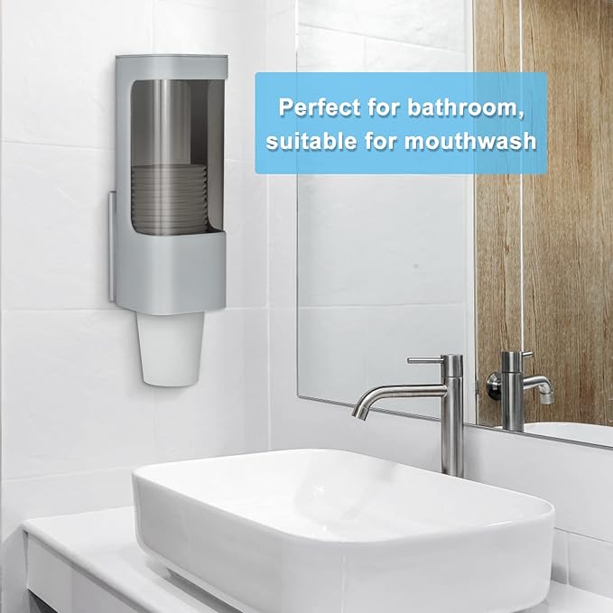 LBTING Water Cooler Cup Dispenser, Pull Type Cup Holder Fit 3oz - 5oz Small Bathroom Disposable Cups, Adhesive Wall Mounted Cup Dispenser - Gray