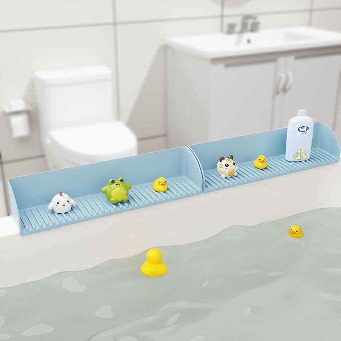 Roslim 2 Pack Splash Guard for Bathtub & Sink - Silicone Kids Bath Splash Guard Shelf, Bath Toy Tray Holder, Tub Water Splash Guard with 4 Suction Cups, Bathroom Accessories for Kids Bath, Blue