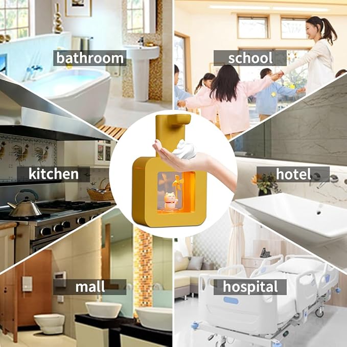 Kids Automatic Foam Dispenser - Lovely Soap Dispenser for School Bathroom Kitchen Office, Waterproof USB Rechargeable Hand-Free 13.5oz, Children Birthday Gift, Yellow Cat