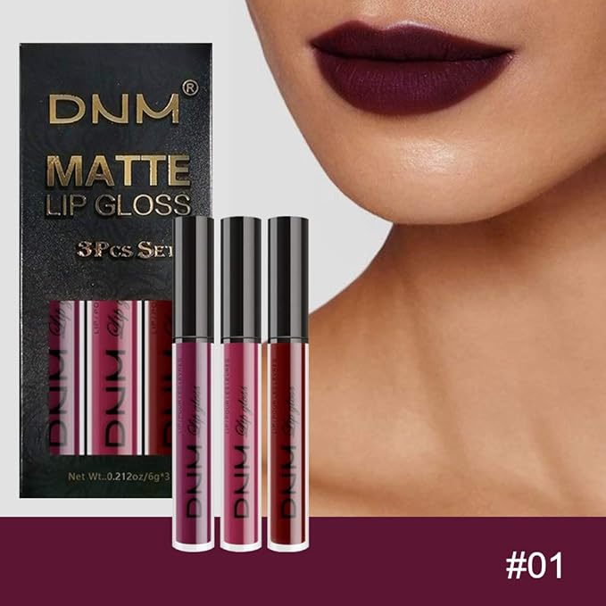 AMY'S DIARY 3Pcs Dark Red Purple Matte Liquid Lipstick Sets, Matte Lipstick Lip Stain Long Lasting 24 Waterproof Lip Gloss Gift Set Matt Lipsticks Set for Women Lippies (Set01)