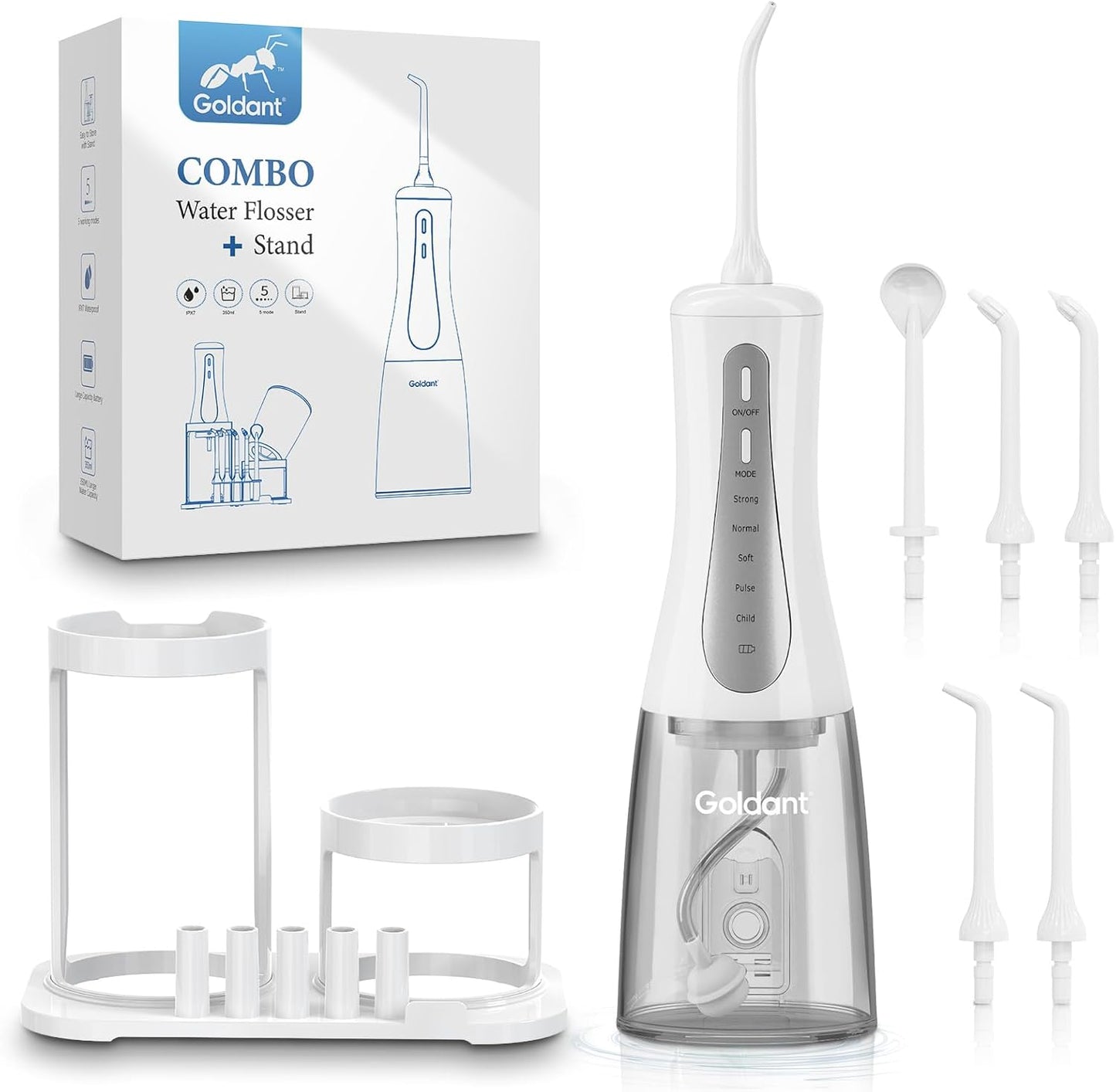 350ML Water Dental Flosser Teeth with Stand Convenient Storage, 5 Modes Portable Cordless Oral Irrigator, Electric Rechargeable IPX7 Waterproof for Home Travel Teeth Cleaning (White)