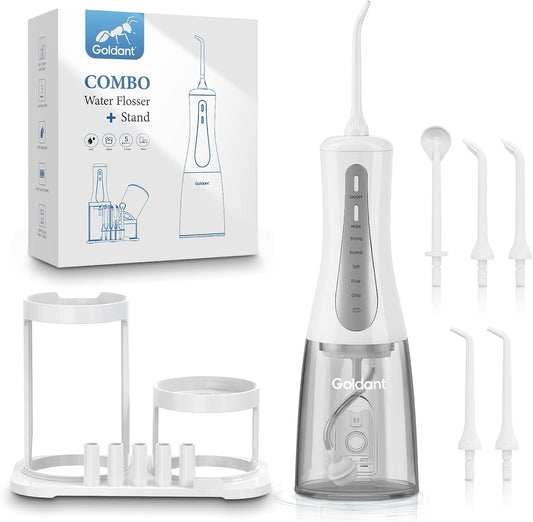 350ML Water Dental Flosser Teeth with Stand Convenient Storage, 5 Modes Portable Cordless Oral Irrigator, Electric Rechargeable IPX7 Waterproof for Home Travel Teeth Cleaning (White)