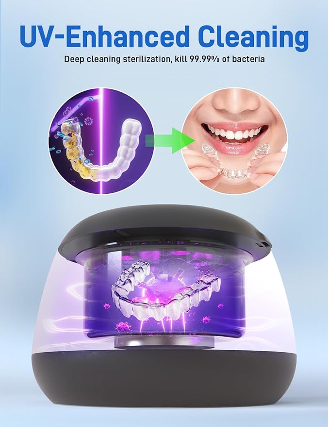 Ultrasonic Retainer Cleaner, EVA BELLE Denture Retainer Cleaner Machine, Tooth Cleaner for Oral Dental Care, Portable Rechargeable Dental Cleaning Pod for Night Guards, Braces, Aligner, Jewelry