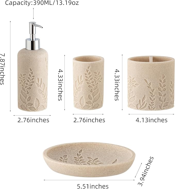 Bathroom Accessories Set, 4 PCS Bathroom Accessory Sets with Soap Dispenser 13 OZ, Toothbrush Holder, Tumbler, Soap Dish, Bathroom Countertop Organizer, Sea Bathroom Decor (Leaf Beach)