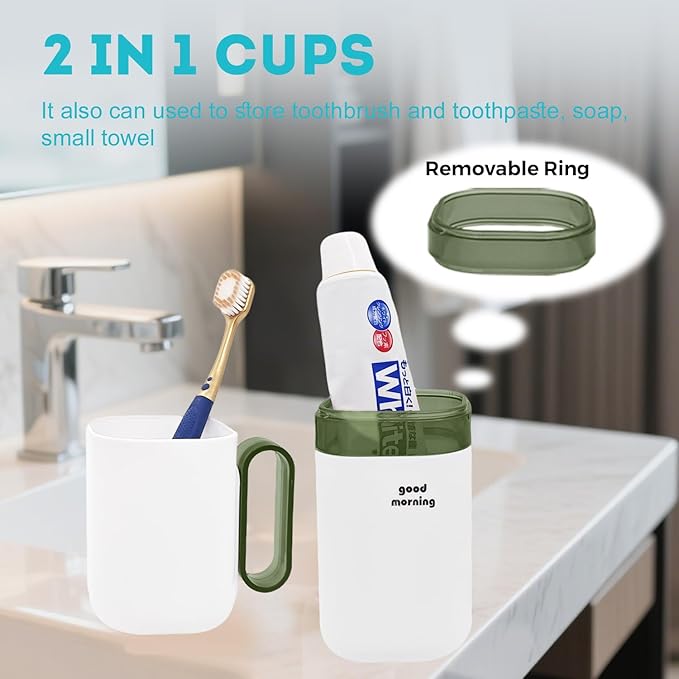 Travel Toothbrush Holder Case,Toothbrush Holder and Rinse Cup with Handle Toothbrush Travel Case, 2 in 1 Toothbrush Cup,Large Capacit Travel Toothbrush Holder with Mouthwash Cup-Green